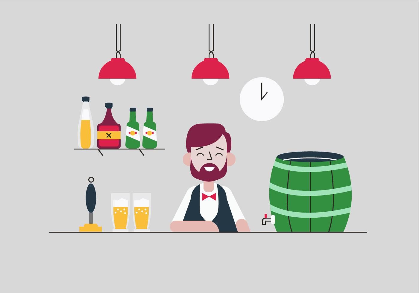 1400x980 Bartender Smiling With Beer Pump Bar Vector Flat Illustration
