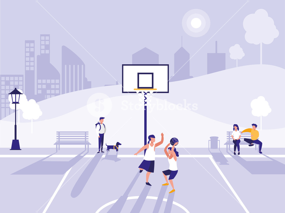 1000x749 People Practicing Sport In Basketball Field Vector Illustration