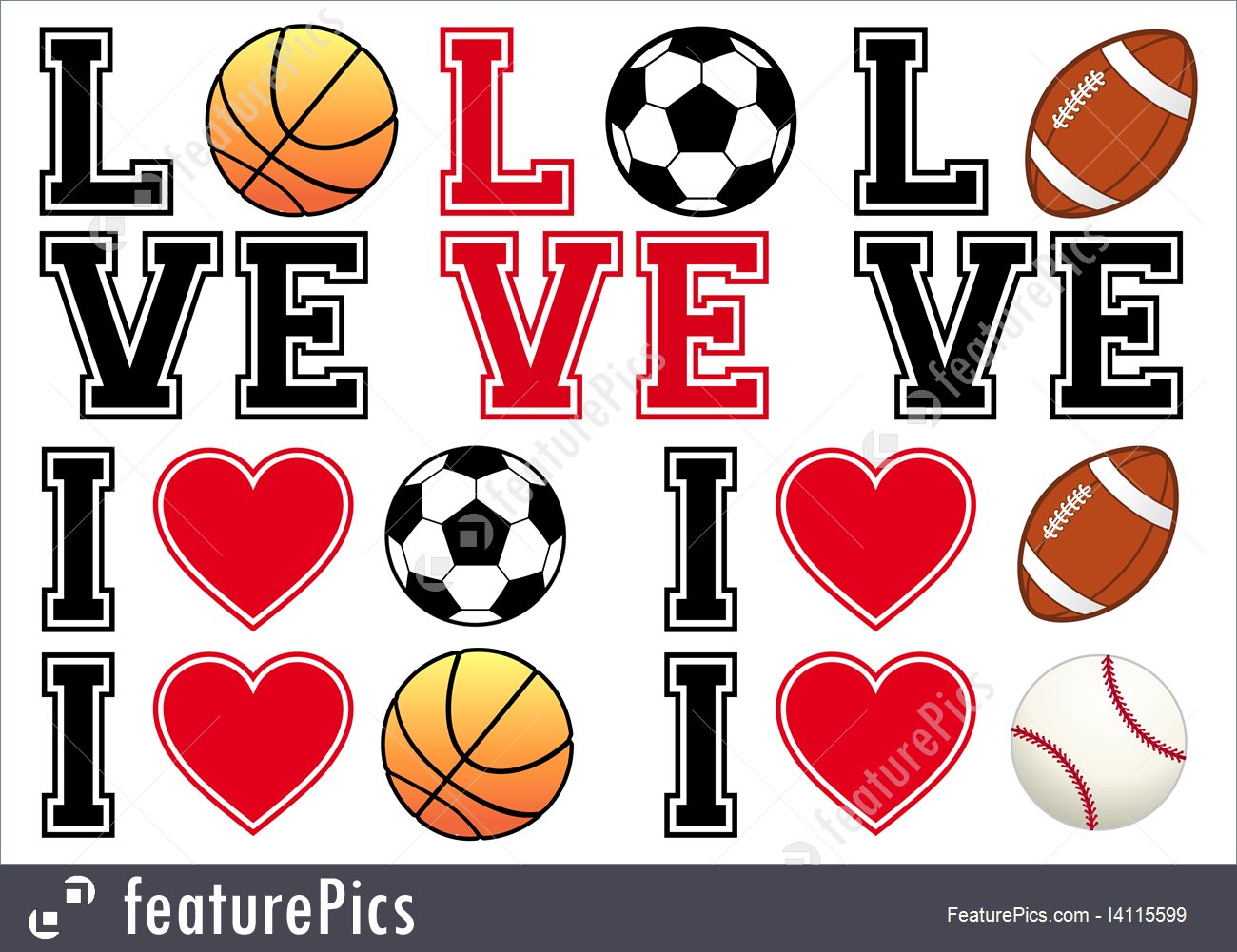 1300x1001 Love Soccer, Football, Basketball, Baseball, Vector Set Stock