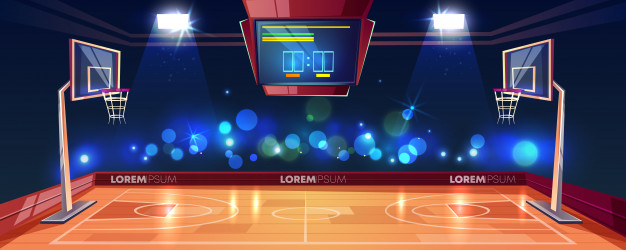 626x250 Basketball Court Illuminated With Stadium Lights, Scoreboard