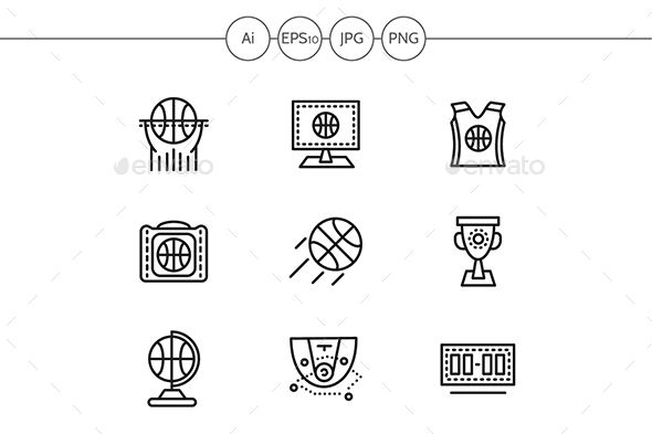 590x393 Set Of Black Simple Line Vector Icons For Basketball Scoreboard