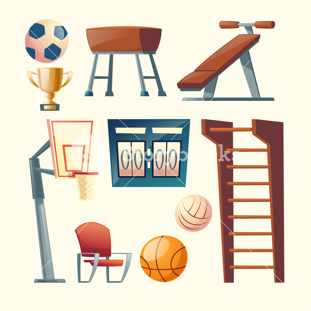1000x1000 Vector Cartoon Set Of Gym Equipment For School, College