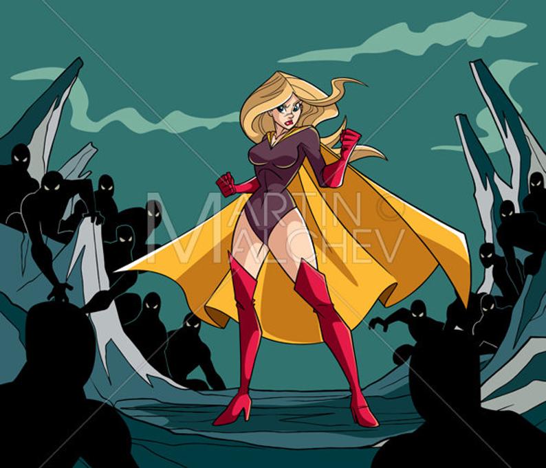 794x681 Superheroine Ready For Battle Vector Cartoon Illustration Etsy