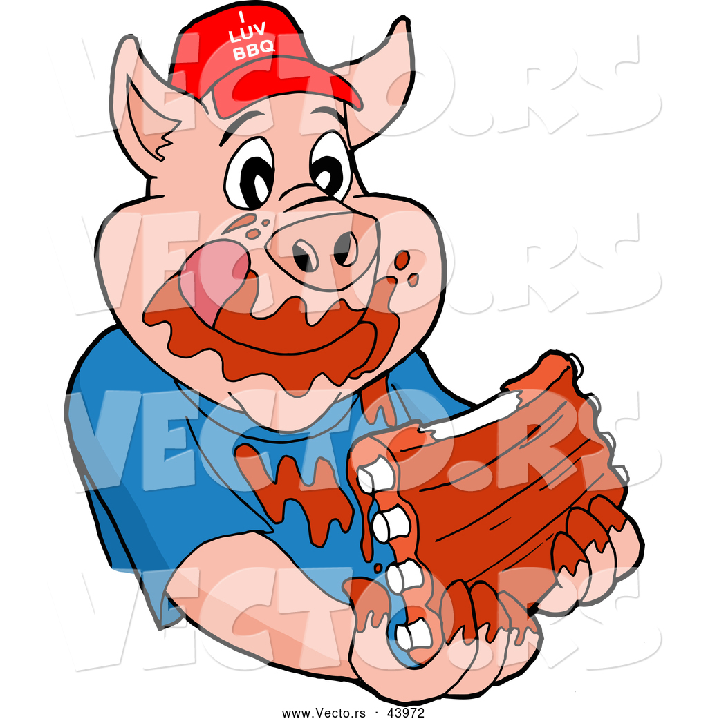 1024x1044 Vector Of A Happy Cartoon Pig Eating Tasty Ribs Covered With Bbq