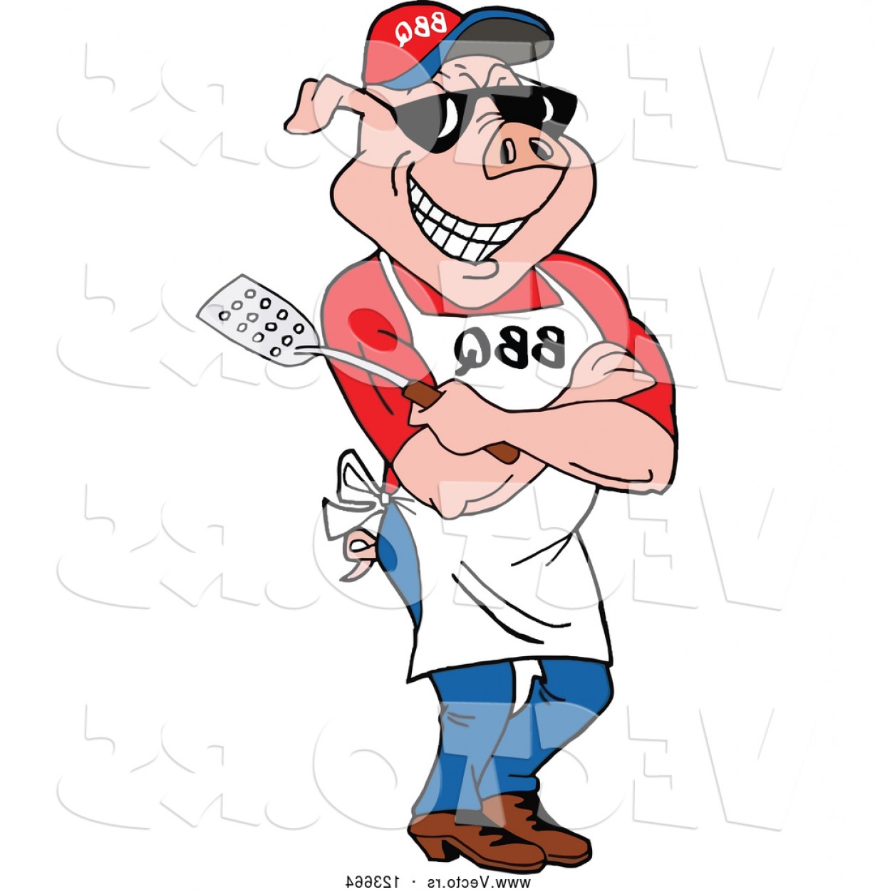 1228x1252 Cartoon Vector Of Bbq Pig Chef Wearing An Apron Shades And Holding