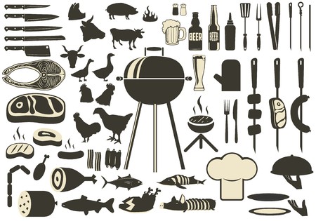 450x315 Barbecue Bbq Silhouette Set Grilled Meat And Fish, Beer