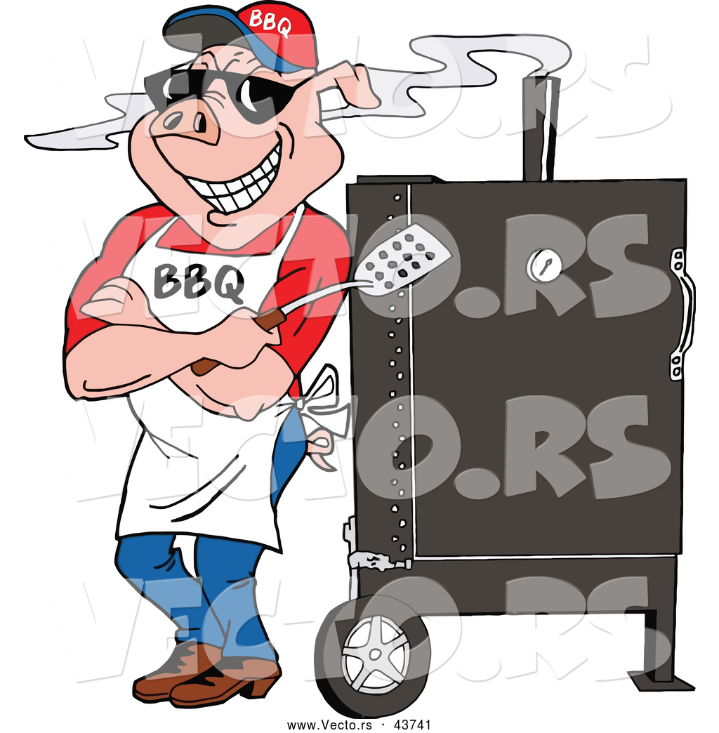 1024x1044 Vector Of A Smiling Cartoon Pig Standing Against A Bbq Meat Smoker