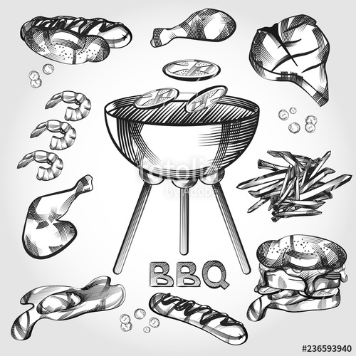 500x500 Bbq Vector Hand Drawn Set Grilled Meat,chicken, Shrimp, Burger
