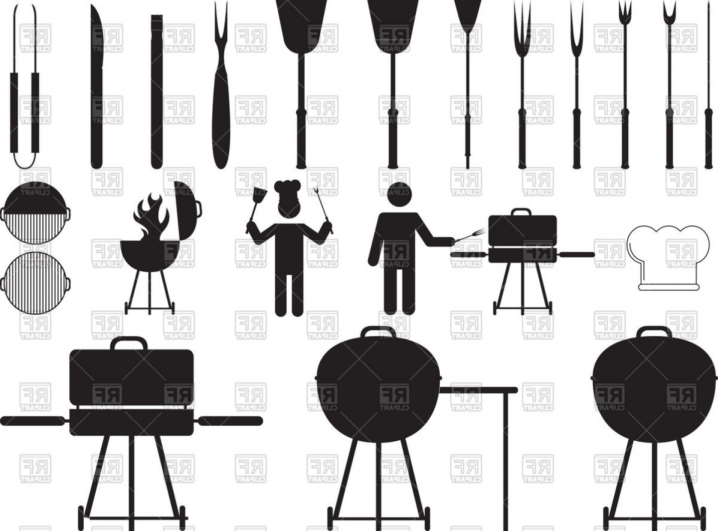 1440x1065 Barbecue Grill And Tools Chef Preparing Meat On Bbq Vector Clipart