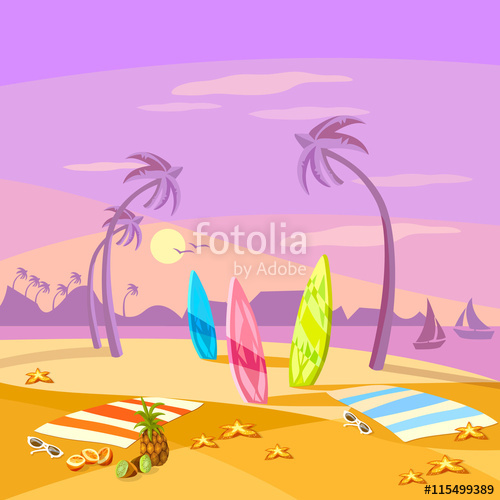 Summer Holiday Sunset Beach Scene Vector Cartoon Stock Image 500x500 Summer Holiday Sunset Beach Scene Vector Cartoon Stock Image