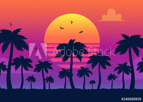 500x357 Vector Purple Sunset On Background Of Palm Silhouettes California
