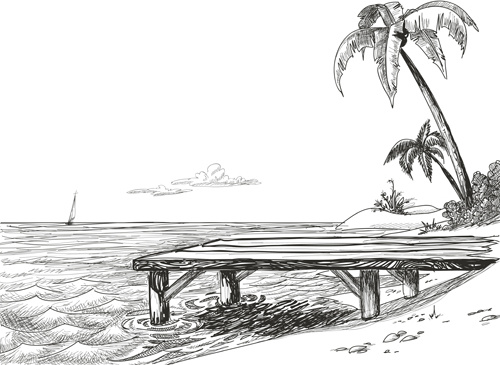 500x365 Hand Drawn Beach Black With White Vector Free Vector
