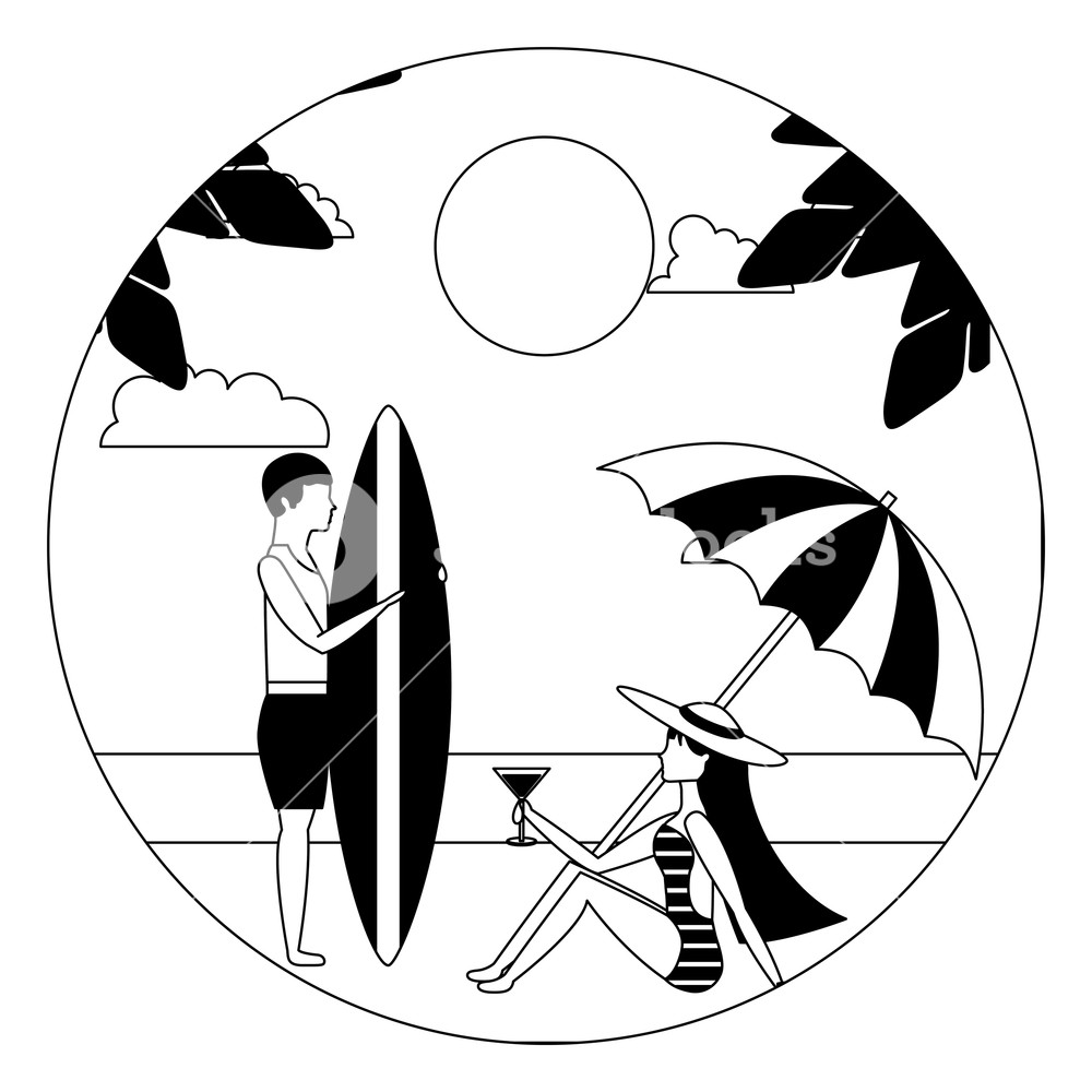 1000x1000 Woman In Swimsuit With Cocktail And Man With Surfboard In Beach