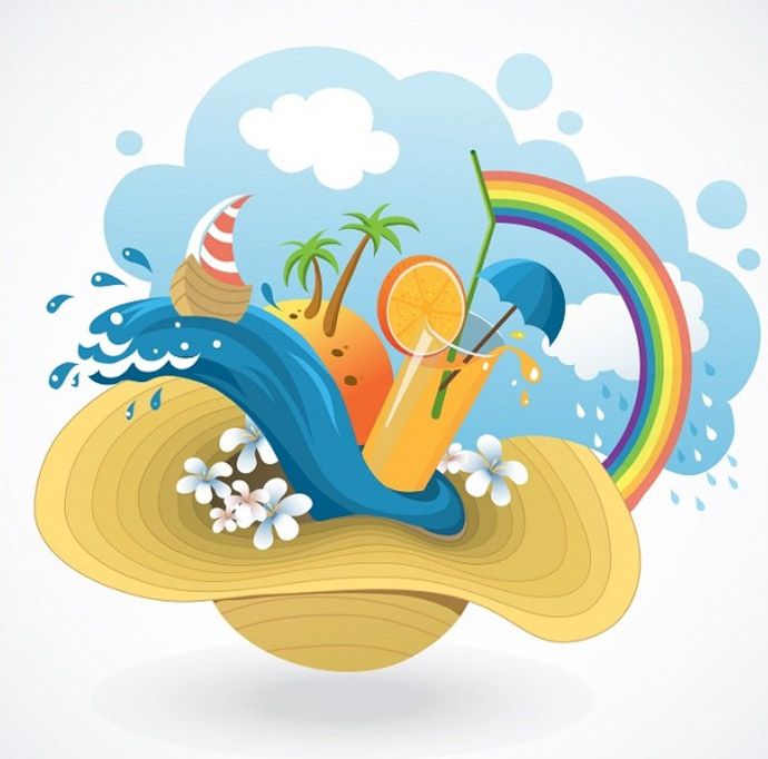 690x682 Summer Holiday With Beach Vector Illustration, Flower, Ship