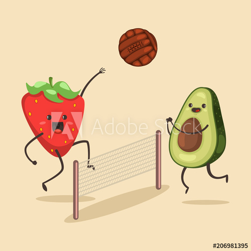500x500 Funny Avocado And Strawberry Play In Beach Volleyball Vector