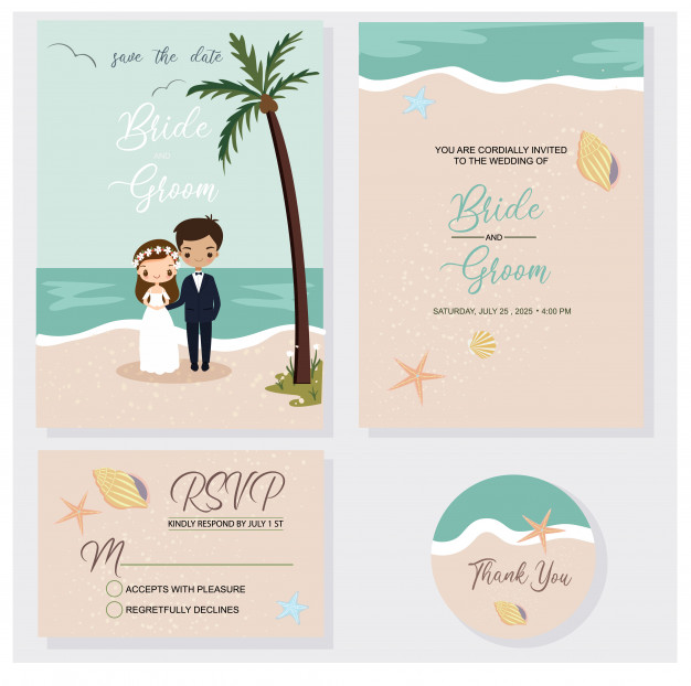 Cute Couple In Beach Wedding Invitations Theme Set Vector 626x622 Cute Couple In Beach Wedding Invitations Theme Set Vector