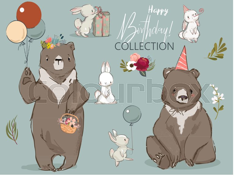 800x600 Cute Little Birthday Hares And Bear Stock Vector Colourbox