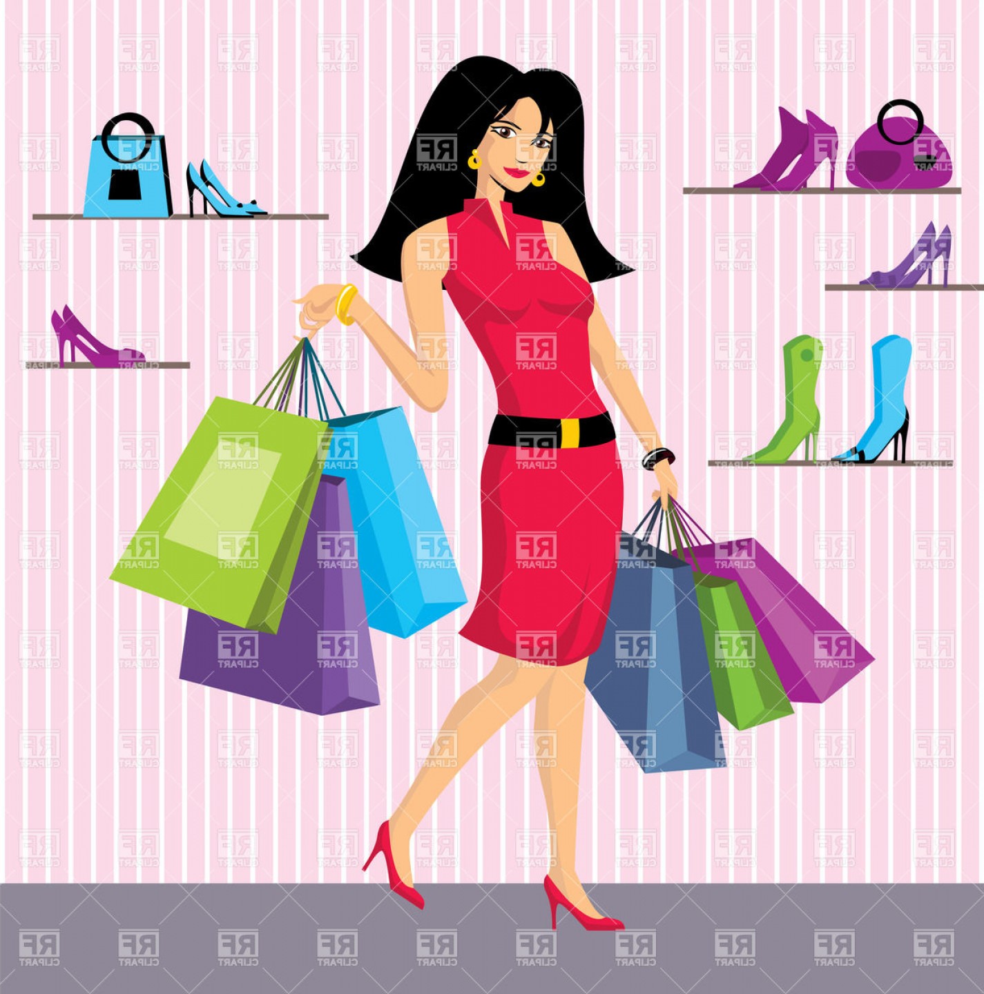 1425x1440 Beautiful Girl With Paper Shopping Bags In Shoes Shop Vector