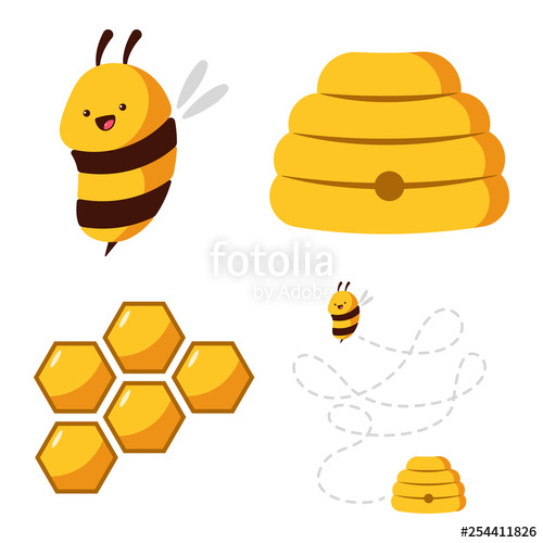 500x500 Cute Bee, Beehive, Honeycomb With Honey Vector Cartoon Set