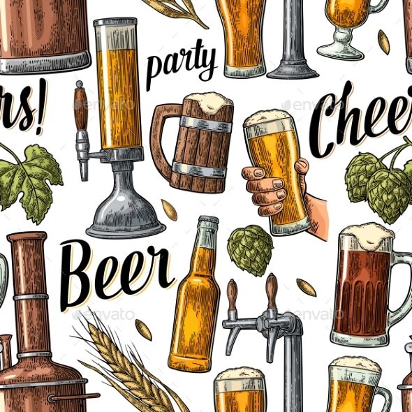 Seamless Pattern Beer Tap, Hand Hold Glass, Bottle And Hop 590x590 Seamless Pattern Beer Tap, Hand Hold Glass, Bottle And Hop
