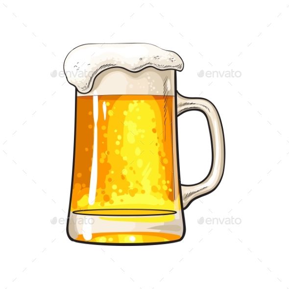 590x590 Big Mug Of Cold Beer With Foam And Bubbles, Sketch Style Vector