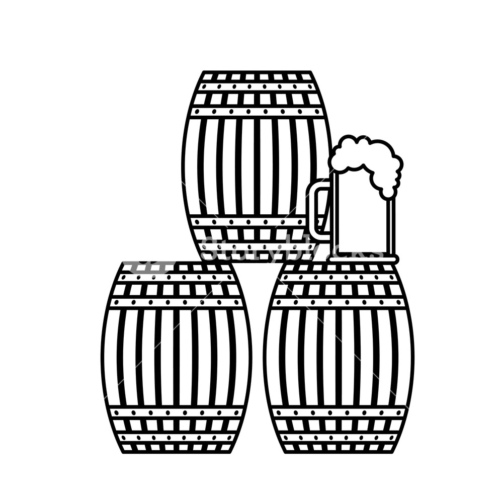 1000x1000 Three Beer Barrel And Glass Cup Foam Vector Illustration Outline