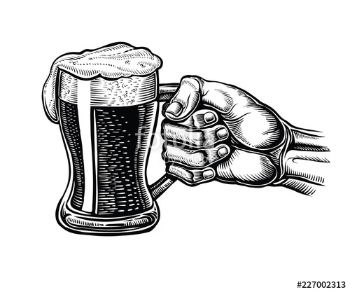 500x417 Male Hand Holding A Glass Mug Of Beer Vector Vintage Engraving