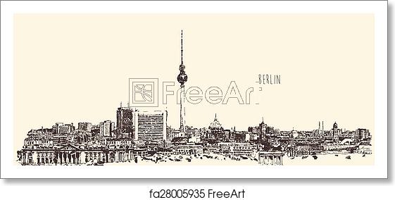 561x284 Free Art Print Of Berlin Skyline Silhouette Engrave Vector Hand
