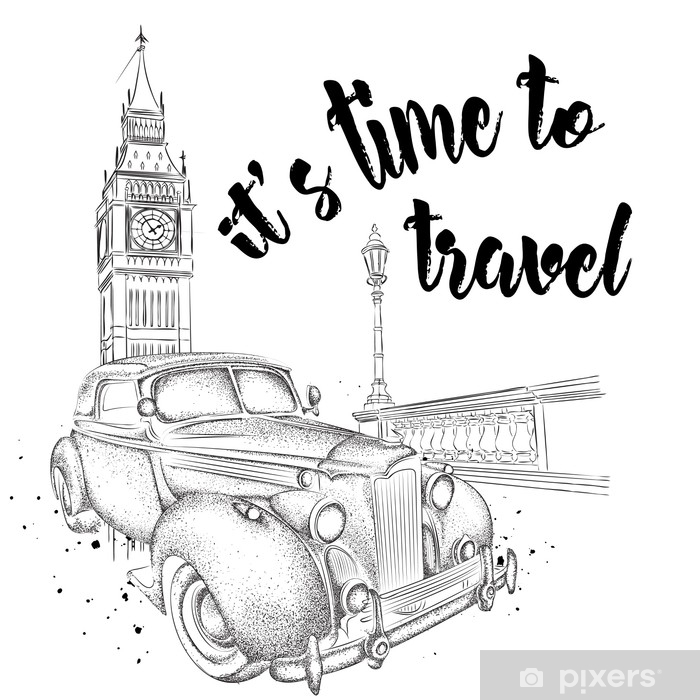 Hand Drawn Vintage Postcard A Car On Background London, Big Ben 700x700 Hand Drawn Vintage Postcard A Car On Background London, Big Ben