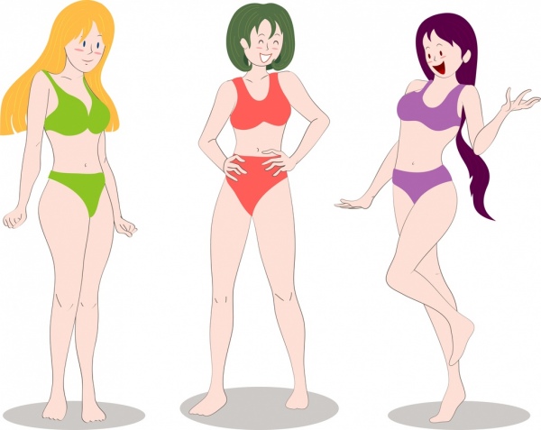 600x477 Bikini Girls Icons Colored Cartoon Characters Free Vector In Adobe