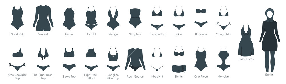 1000x294 Vector Set Of Female Swimsuit Black Icons Different Types