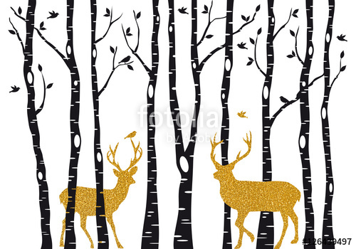 500x350 Birch Trees With Gold Christmas Reindeer, Vector Stock Image