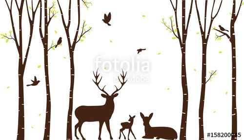 500x287 Birch Tree With Deer And Birds Silhouette Background Stock Image