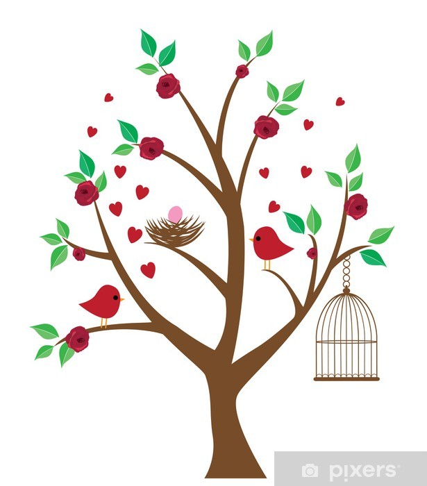 615x700 Vector Tree With Bird Nest, Cage, Birds Wall Mural We