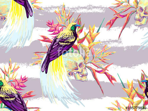 Seamless Tropical Exotic Pattern With Bird Of Paradise, Skull 500x375 Seamless Tropical Exotic Pattern With Bird Of Paradise, Skull