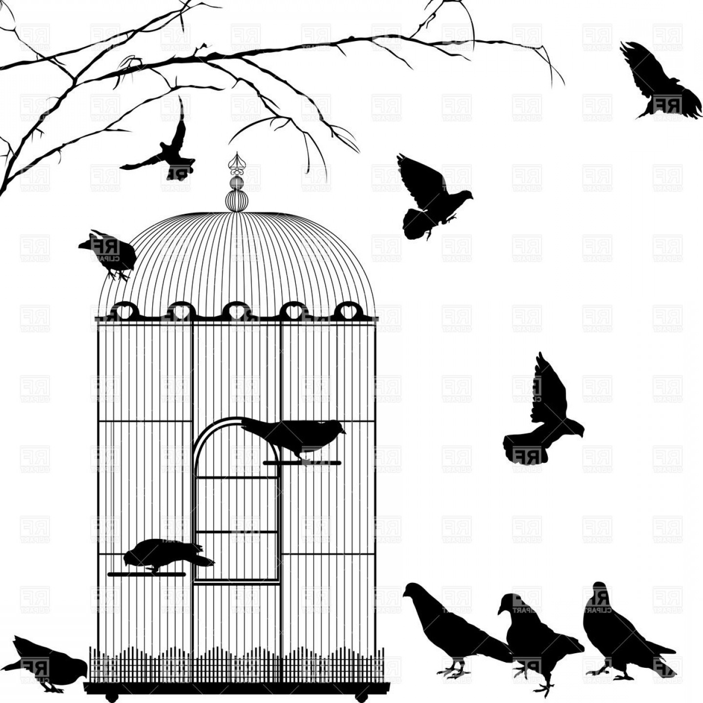 1440x1440 Birdcage And Silhouettes Of Birds Vector Clipart Createmepink