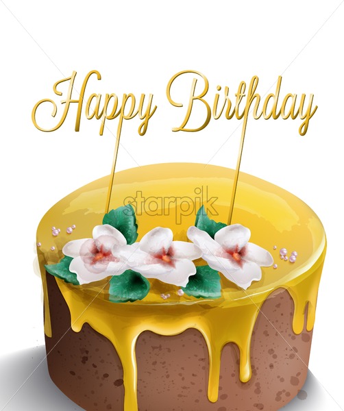 502x600 Happy Birthday Cake Vector Watercolor Yellow Top Golden Text