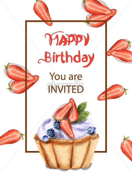 459x600 Birthday Cupcake Invitation Card Vector Watercolor Strawberry