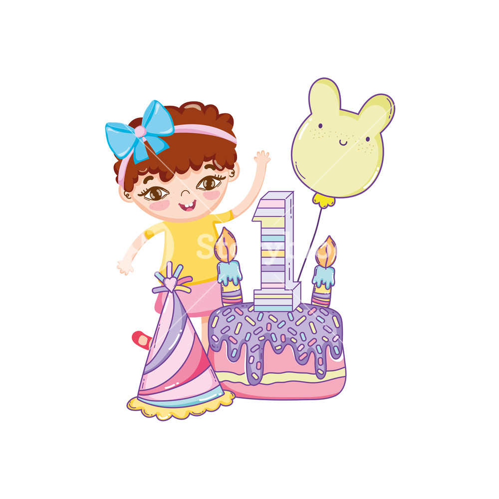 1000x1000 Happy Birthday Girl With Cake And Balloon Cute Cartoons Vector