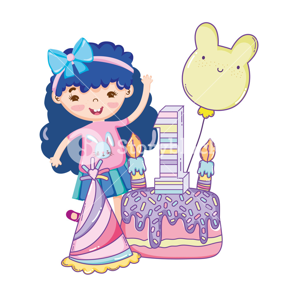 1000x1000 Happy Birthday Girl With Cake And Hat Cute Cartoons Vector