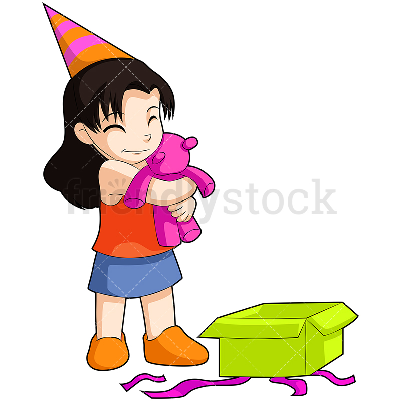 800x800 Birthday Girl Opening Present Cartoon Vector Clipart