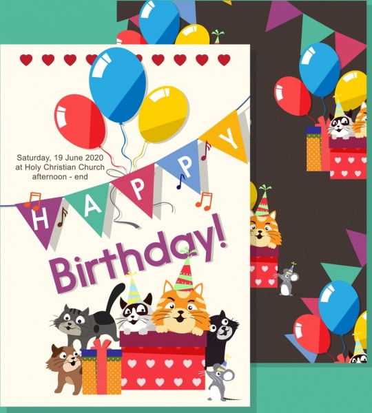 540x600 Birthday Invitation Banner Cute Colorful Cat Balloons Icons Free