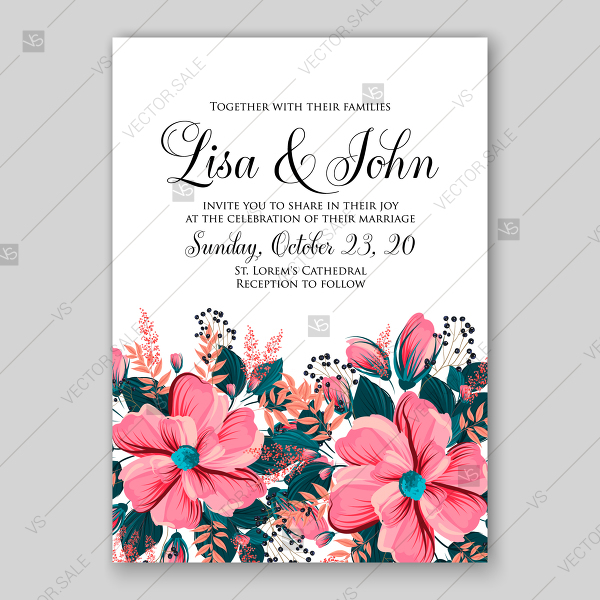 600x600 Pink Petunia Floral Wedding Invitation Vector Illustration Card