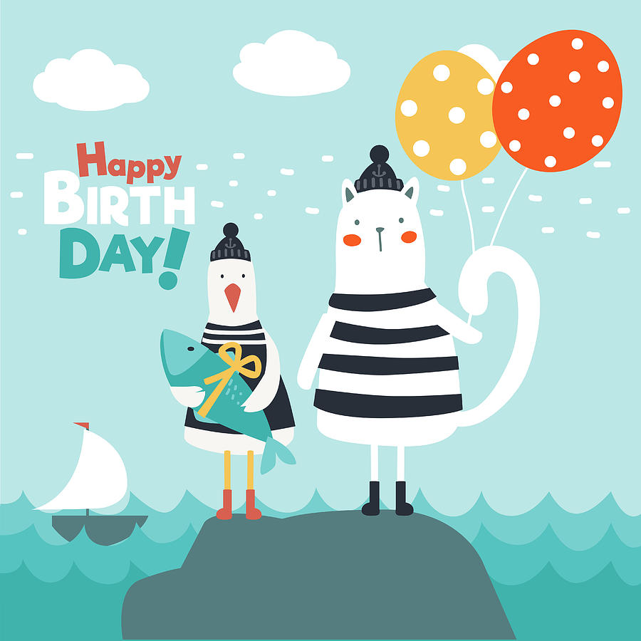 900x900 Funny Cat And Cute Seagull With Fish And Balloons Happy Birthday