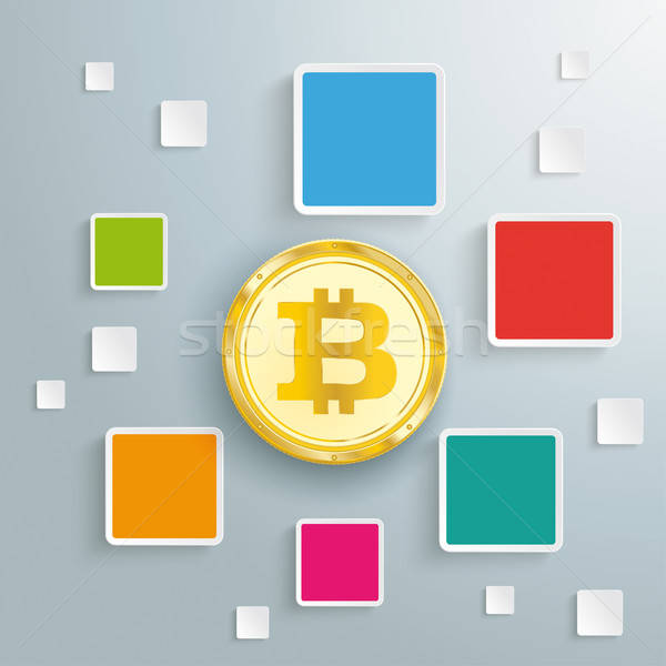600x600 Colored Quadrates Infographic Golden Bitcoin Vector Illustration