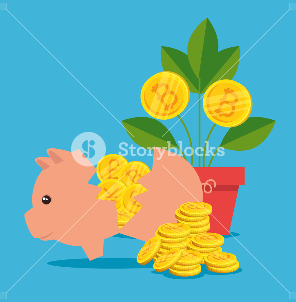 982x1000 Pig With International Money And Plant With Bitcoin Vector