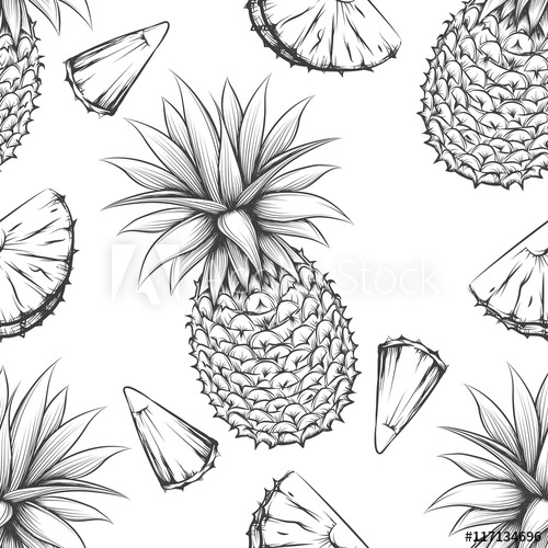 500x500 Pineapple Vector Black And White Seamless Pattern