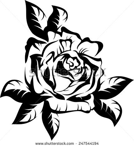 429x470 Black Silhouette Outline Rose With Leaves, Isolated On White
