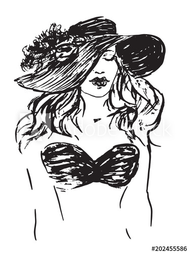 375x500 Sexy Girl In Wide Brim Hat And Bandeau Swimsuit, Fashion