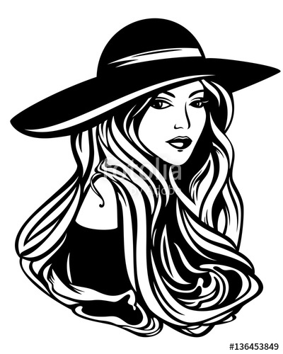 400x500 Elegant Woman With Long Hair Wearing Hat Vector Portrait Stock